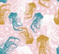 Vector seamless pattern floating jellyfish. Multicolored jellyfish on a gentle pink background.